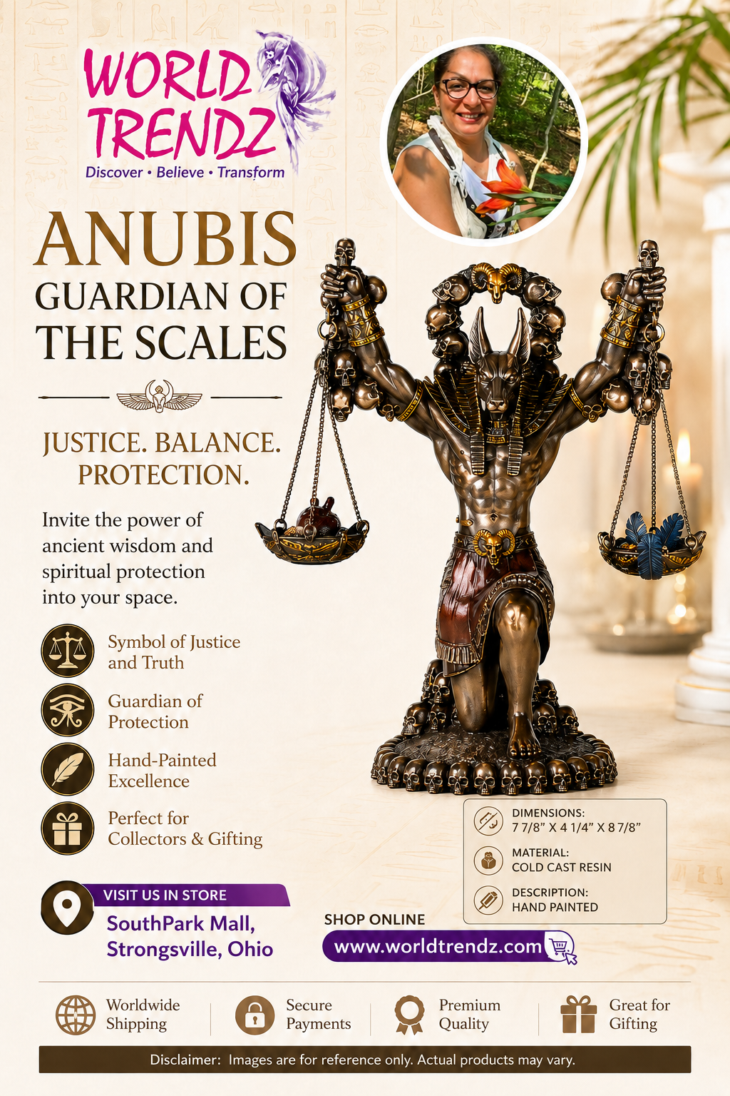Statue of Anubis, Guardian of the Scales, with promotional text for World Trendz.