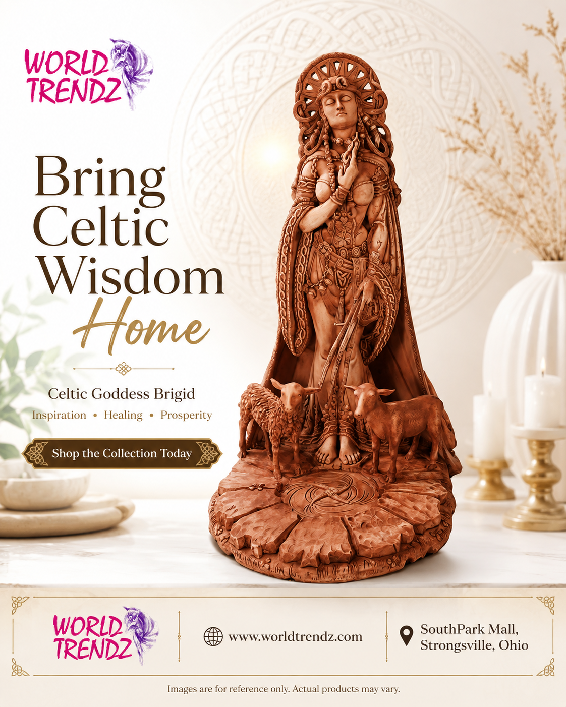 A carved Celtic Goddess Brigid figurine in a warm brown wood tone, displayed on a pedestal base with small animal figures. The image is a promotional ad with the text 'Bring Celtic Wisdom Home' and 'Celtic Goddess Brigid' from World Trendz, set against a softly lit interior background with candles and dried flowers.