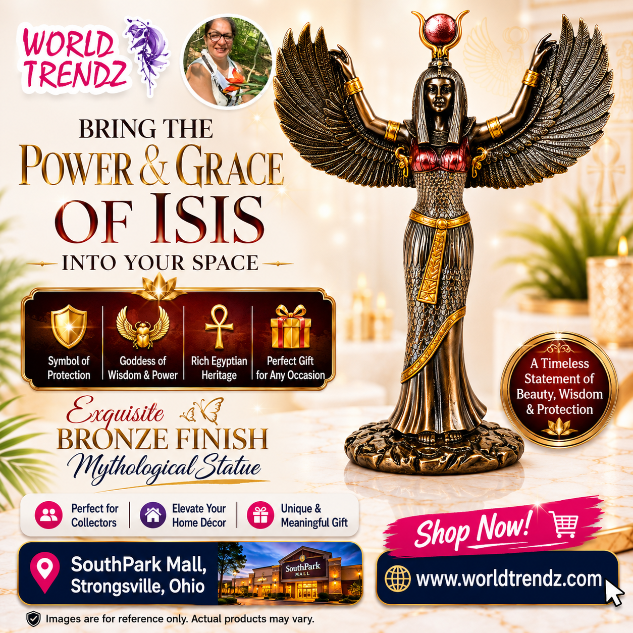 Advertisement for a bronze finish Isis statue with promotional text and World Trendz branding.