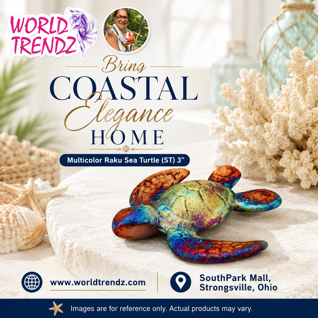 Advertisement for World Trendz featuring a multicolor Raku sea turtle decorative item with text about bringing coastal elegance home.
