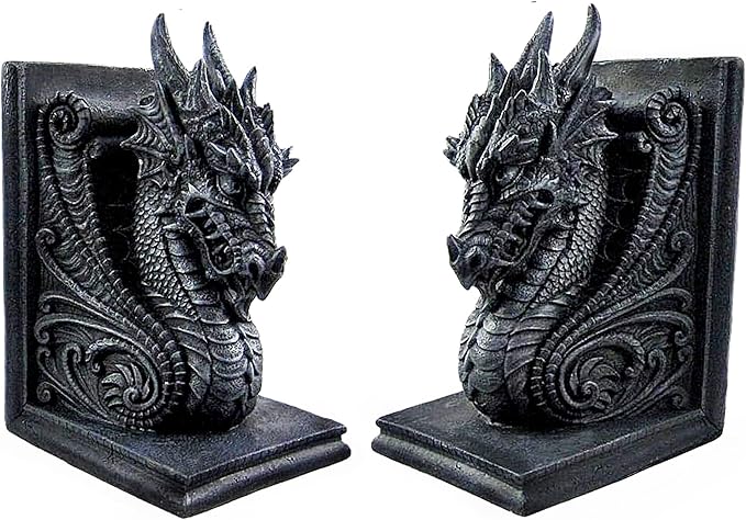 Dragon Bookend Set – Gothic Medieval Evil Dragon Shelf Décor, Heavy Resin Statue, Decorative Bookends for Library or Desk 1