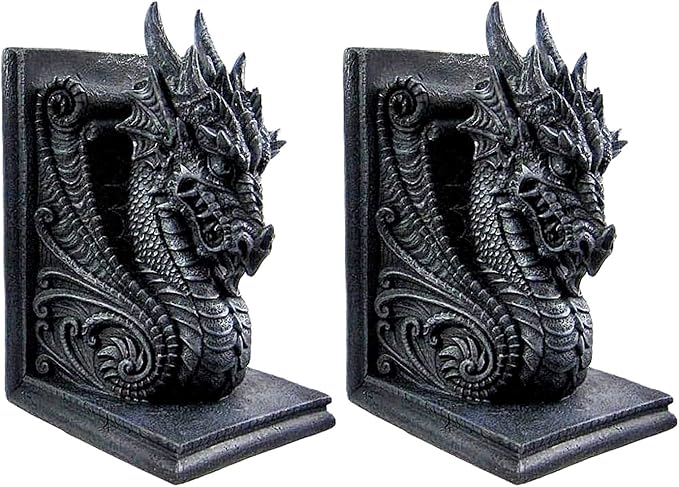 Dragon Bookend Set – Gothic Medieval Evil Dragon Shelf Décor, Heavy Resin Statue, Decorative Bookends for Library or Desk 2