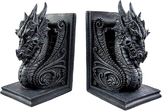 Dragon Bookend Set – Gothic Medieval Evil Dragon Shelf Décor, Heavy Resin Statue, Decorative Bookends for Library or Desk 3