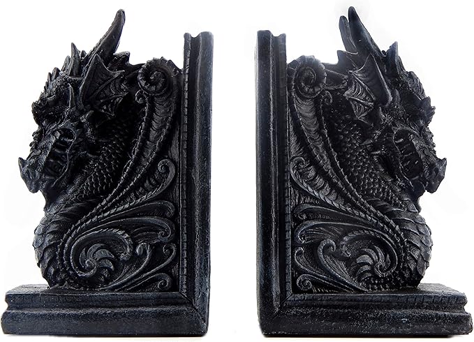 Dragon Bookend Set – Gothic Medieval Evil Dragon Shelf Décor, Heavy Resin Statue, Decorative Bookends for Library or Desk 6