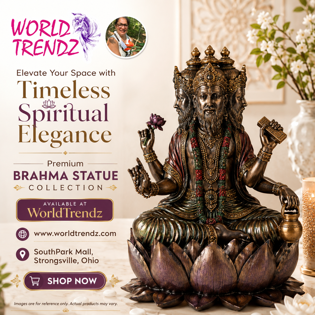Advertisement for a Brahma statue collection by World Trendz, featuring a detailed statue on a decorative background.