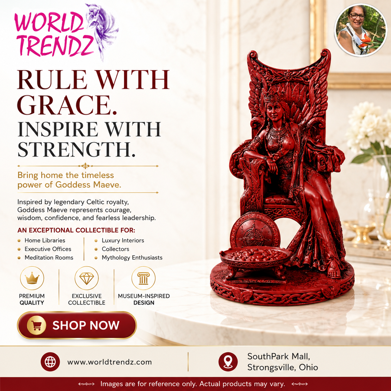 Goddess Maeve on a throne with promotional text and branding elements.