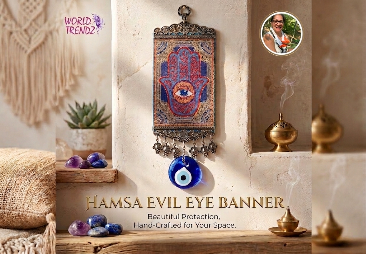 Hamsa Evil Eye Banner with decorative elements on a neutral background