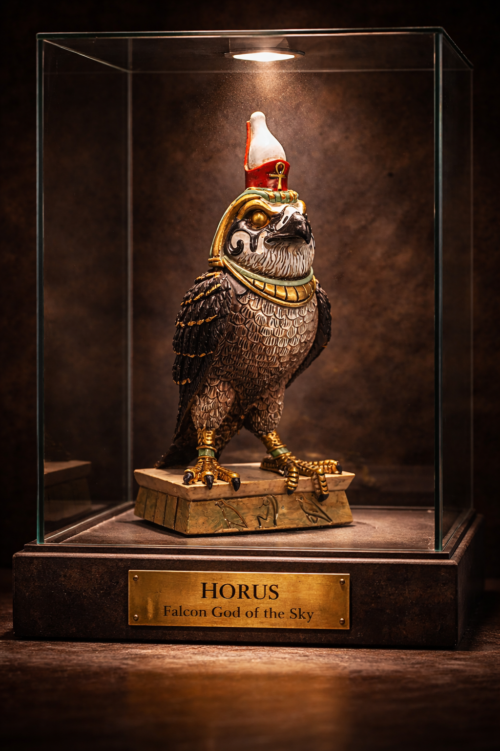 Statue of Horus, Falcon God of the Sky, in a glass display case.