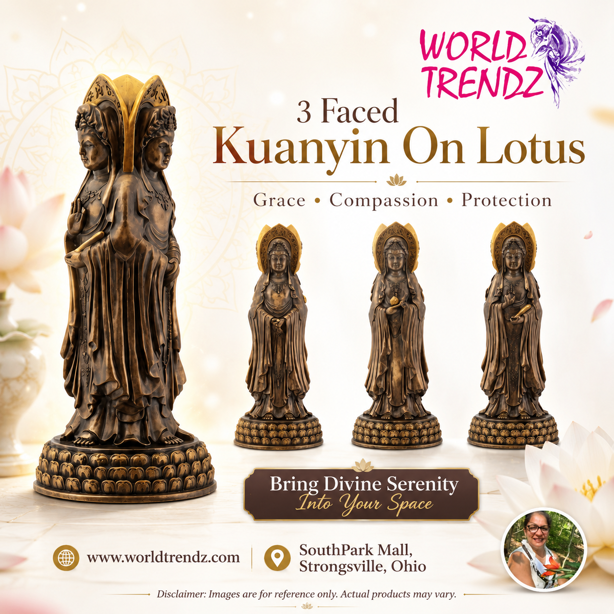 Three faced Kuanyin statue on a lotus with World Trendz branding.