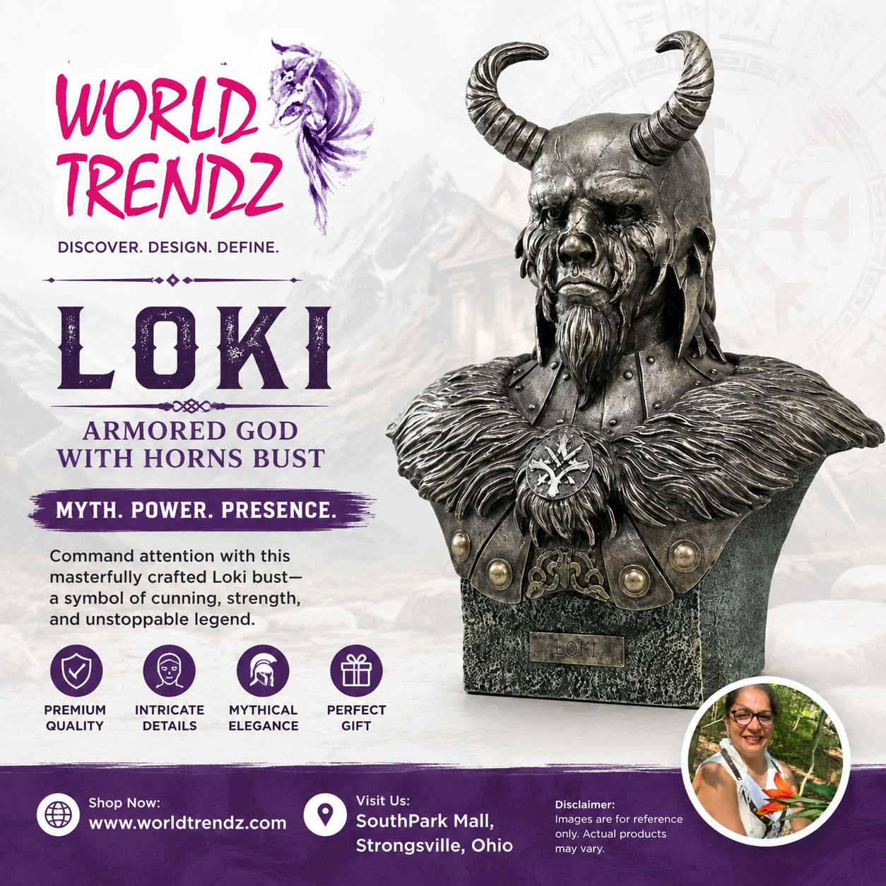 Bronze bust of Loki, a armored god with horns on a white background with promotional text and branding.