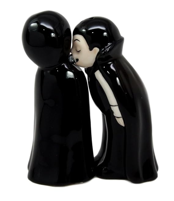 Love at First Bite Salt and Pepper Shaker Set – Hand-Painted Ceramic, Dracula Couple 1