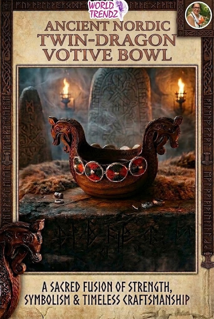 Decorative bowl with dragon design on a mystical background, labeled 'Ancient Nordic Twin-Dragon Votive Bowl'.