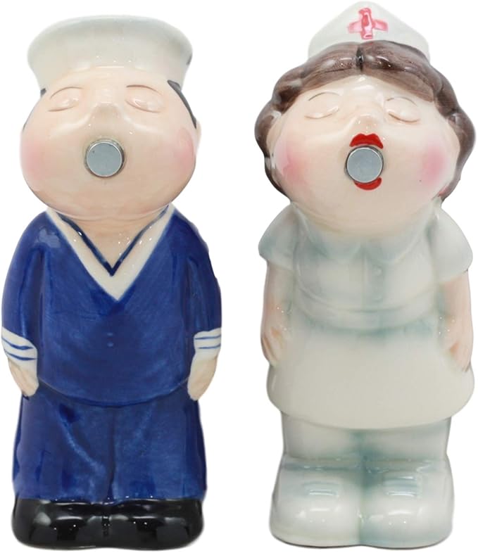 Nurse and Sailor Salt & Pepper Shaker Set – Hand-Painted Ceramic Kissing Couple Figurines 1