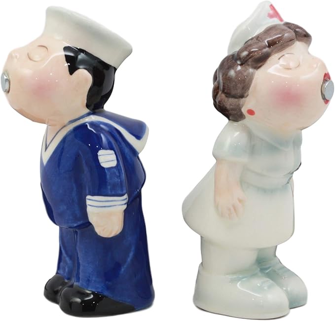 Nurse and Sailor Salt & Pepper Shaker Set – Hand-Painted Ceramic Kissing Couple Figurines 2