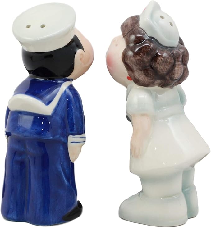Nurse and Sailor Salt & Pepper Shaker Set – Hand-Painted Ceramic Kissing Couple Figurines 3