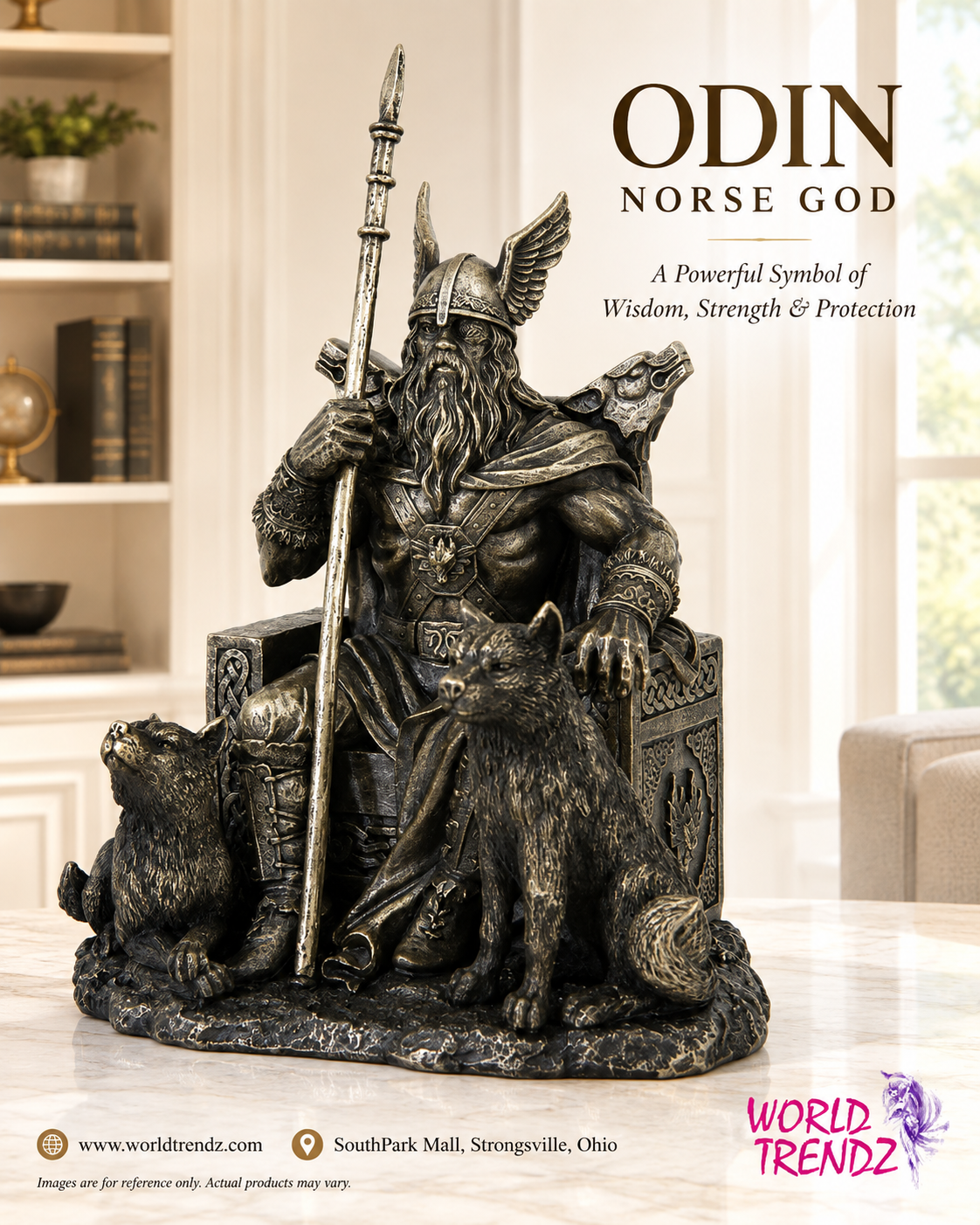 A dark bronze-finished statue of Odin, the Norse god of wisdom, strength, and protection, seated on a throne with a wolf at his side and a spear in one hand. The statue is displayed on a marble surface in a bright, modern living room setting, with promotional text overlays from World Trendz.