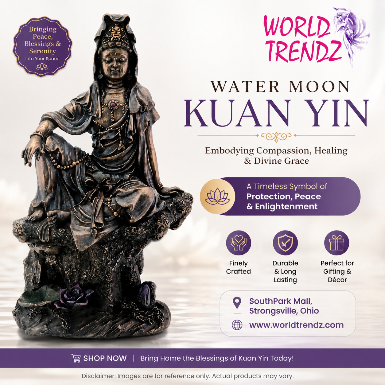 Statue of Kuan Yin with promotional text for World Trendz on a white background