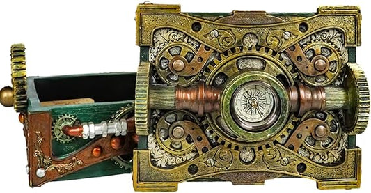 Steampunk Jewelry Box with Compass – Hand-Painted Resin, Vintage Design for Vanity and Storage 1