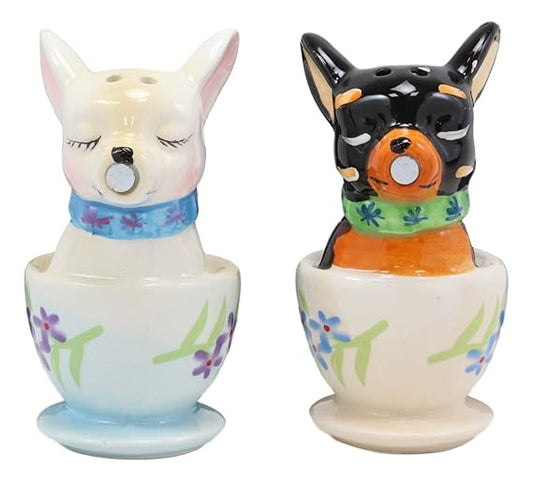 Tea Cup Pups Salt & Pepper Shaker Set – Hand-Painted Ceramic Chihuahua Romance Decor 1