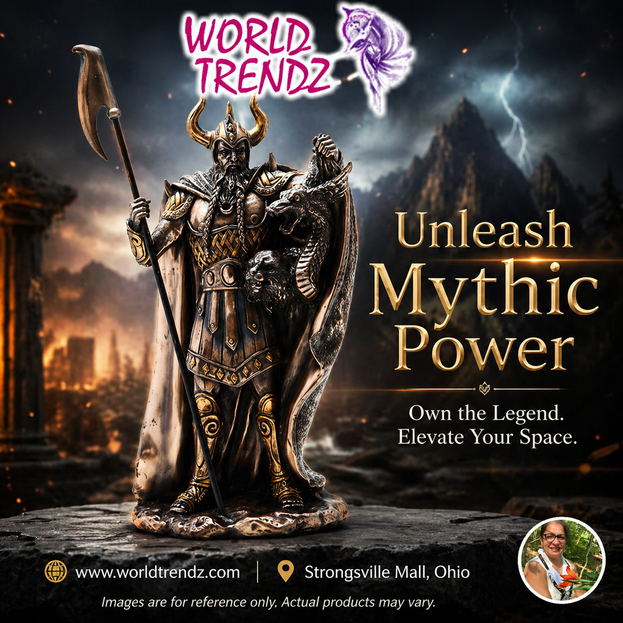 Decorative figurine of Loki with a spear and shield, set against a dark, fantasy-themed background with 'World Trendz' branding.