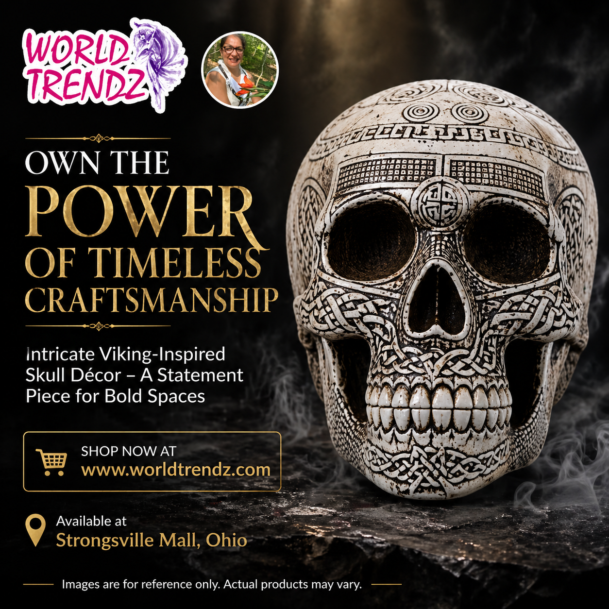 Decorative Viking skull with intricate designs on a dark background, featuring World Trendz branding.