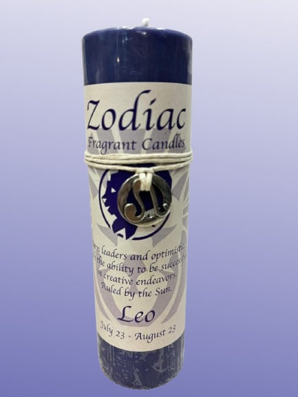 Zodiac themed candle with label on a light purple background