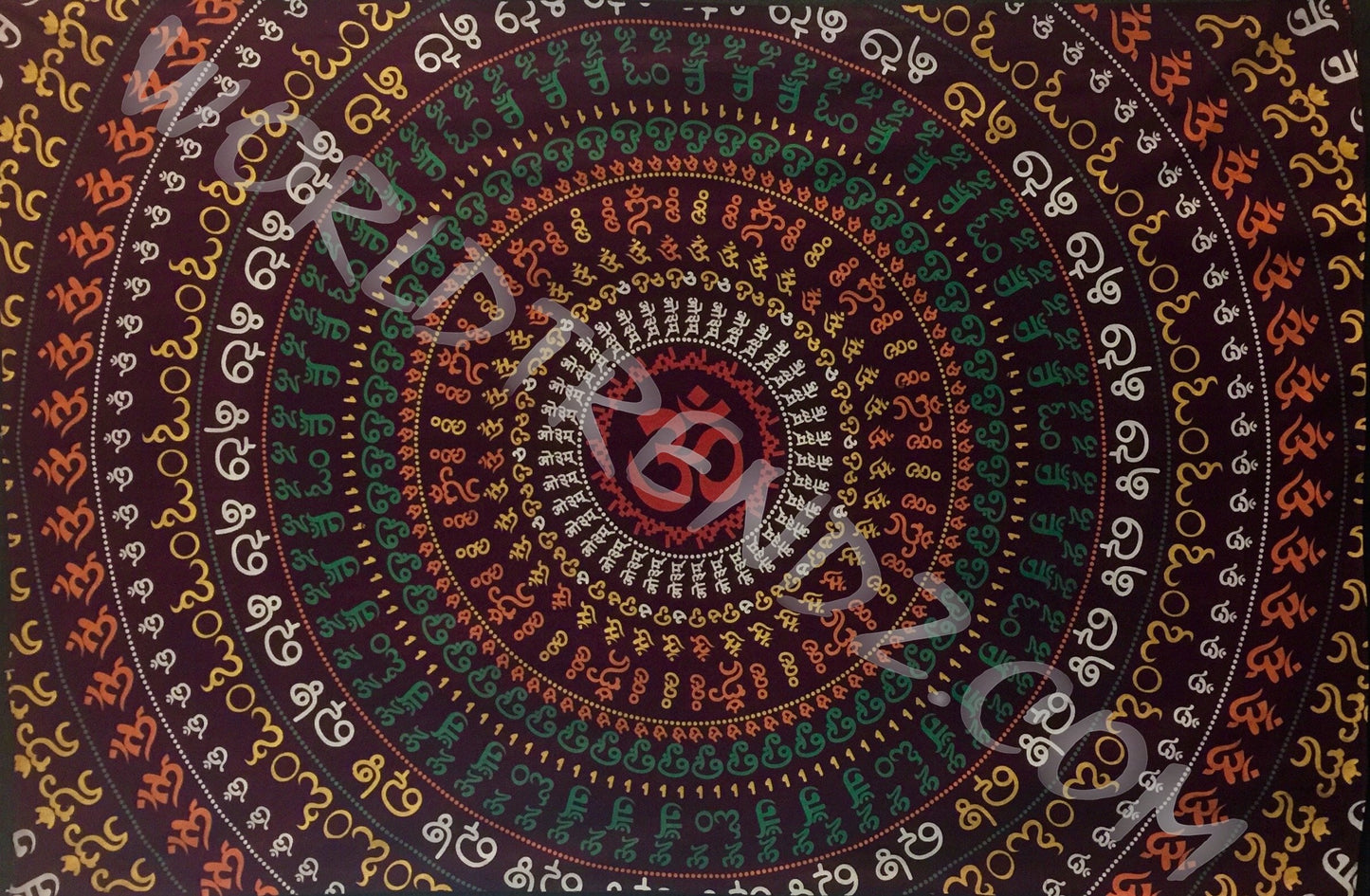 OM RINGS MANDALA TAPESTRY BURGUNDY BACKGROUND