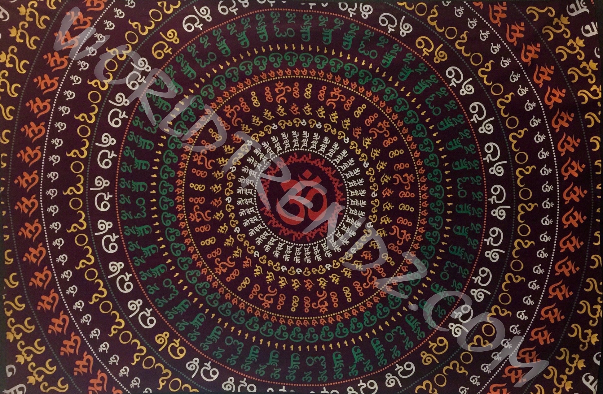 OM RINGS MANDALA TAPESTRY BURGUNDY BACKGROUND