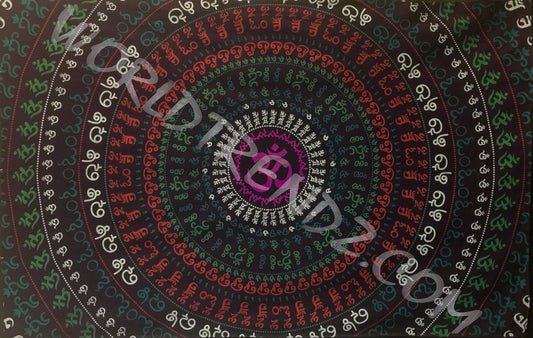 OM RINGS MANDALA TAPESTRY BLACK BACKGROUND