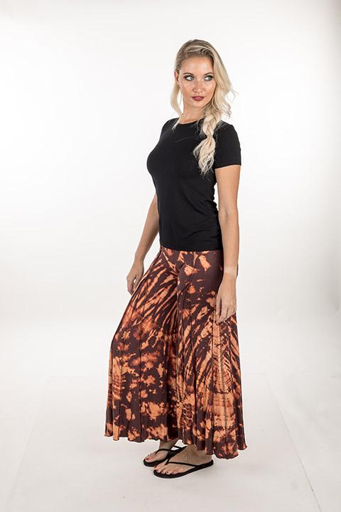 PANTS BELL BOTTOM RAYON SPANDEX TIE DYE BROWN ORANGE