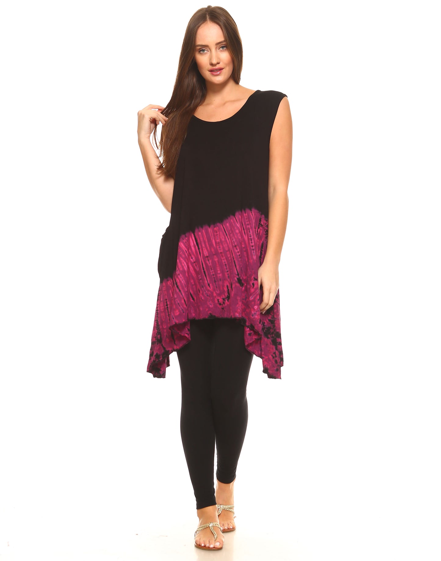 HALF TIE DYE TUNIC TOP POINTY SIDES MAGENTA
