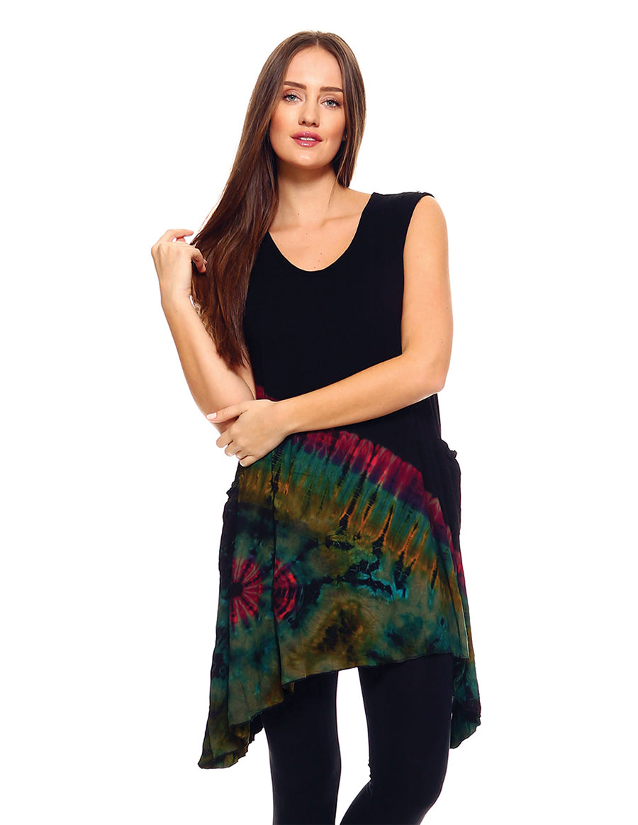 HALF TIE DYE TUNIC TOP POINTY SIDES GREEN