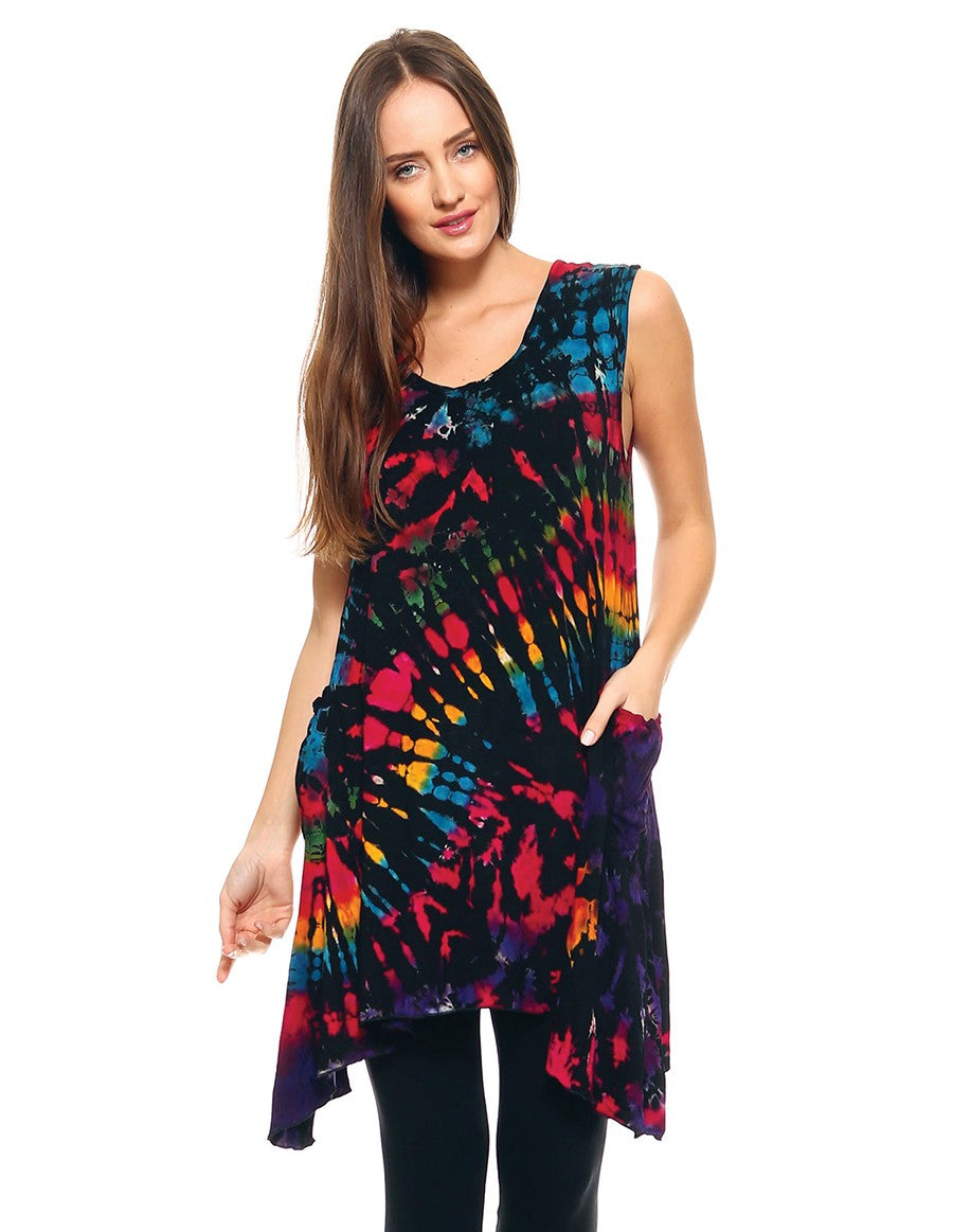 TIE DYE TUNIC TOP POINTY SIDES BLACK RAINBOW