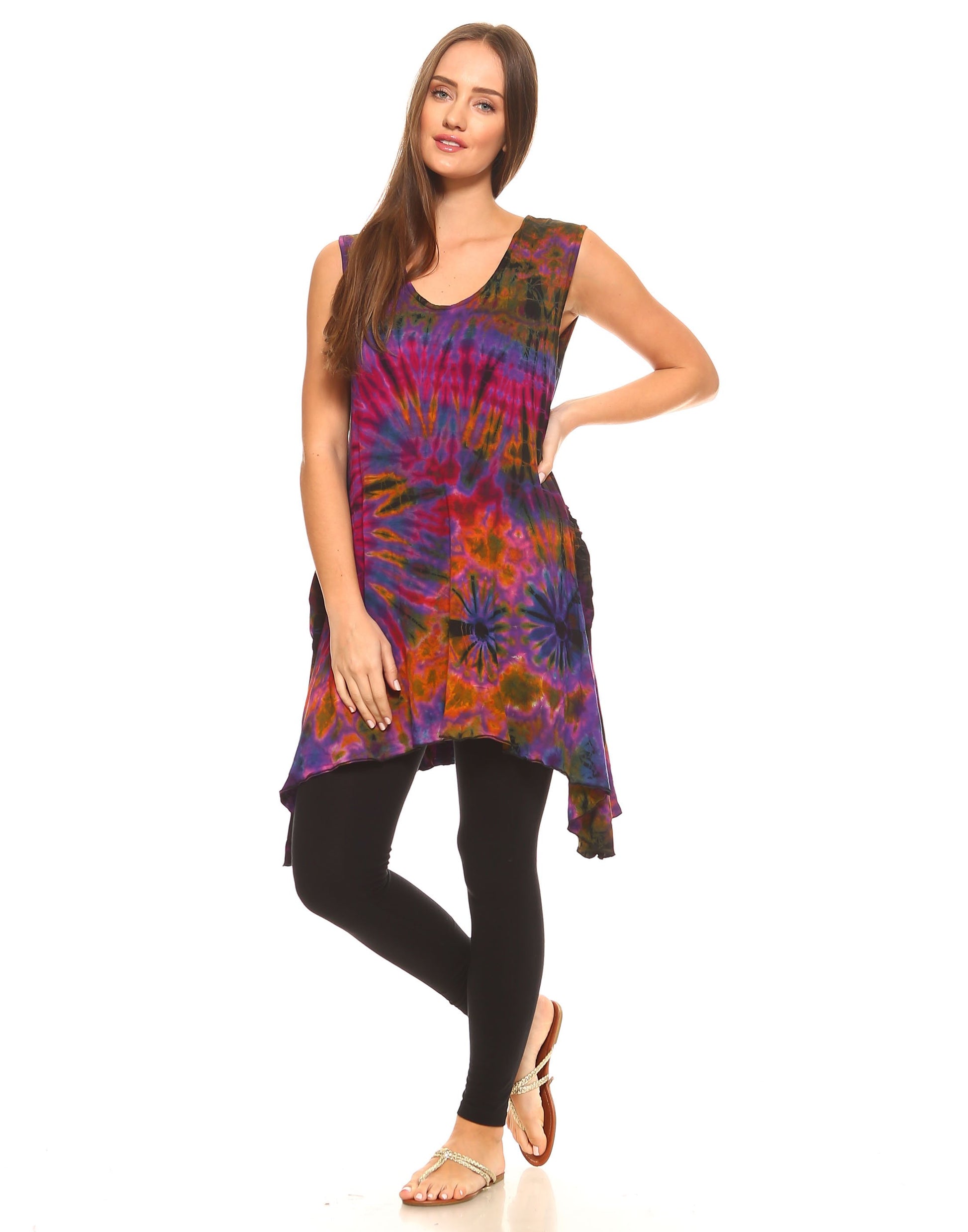 TIE DYE TUNIC TOP POINTY SIDES PURPLE