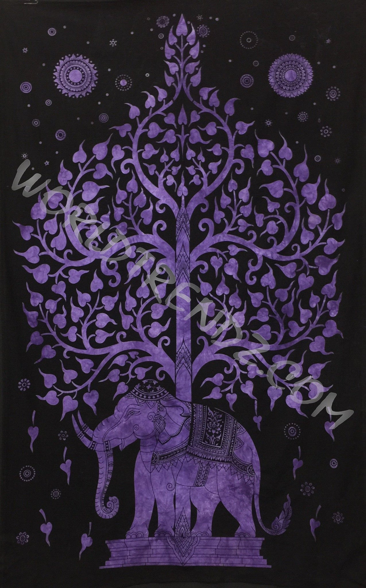 ELEPHANT BODHI TREE TAPESTRY PURPLE IMAGE BLACK BACKGROUND