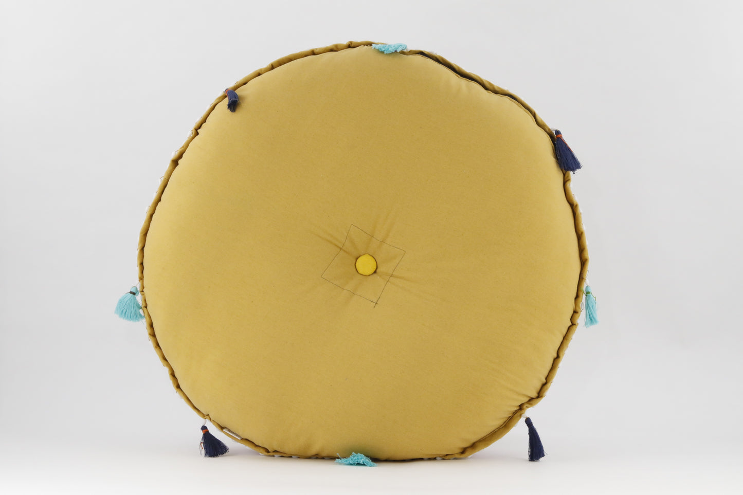 MEDITATION CUSHION LIGHT MUSTARD EMBROIDERED ROUND BACK VIEW
