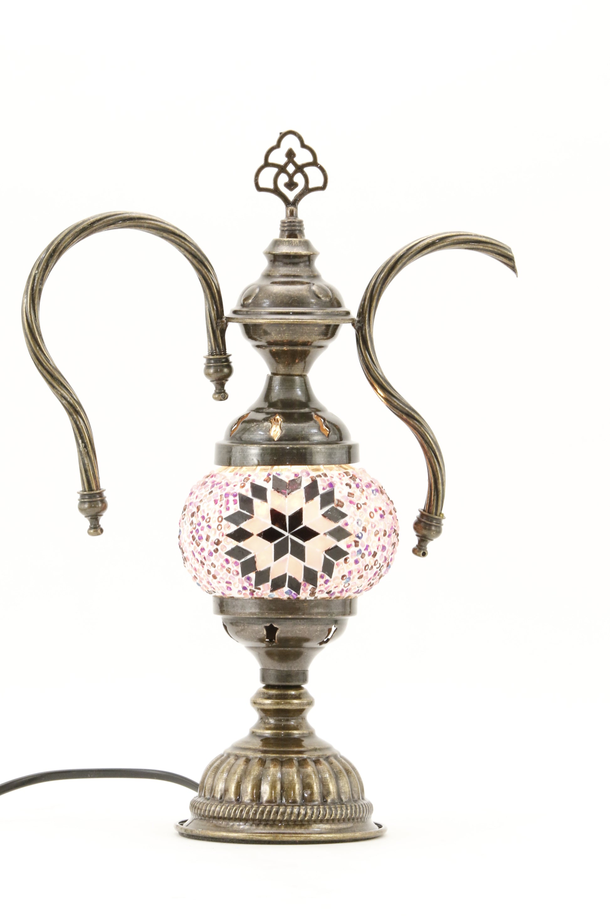 TURKISH MOSAIC GENIE BOTTLE TABLE LAMP MAUVISH PINK -TURNED ON