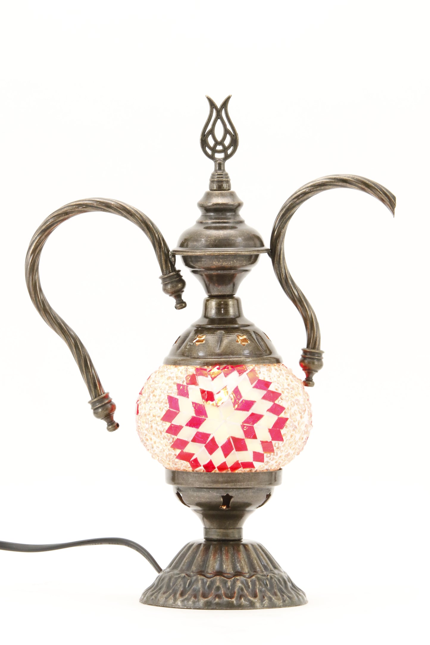 TURKISH MOSAIC GENIE BOTTLE TABLE LAMP RED -TURNED ON
