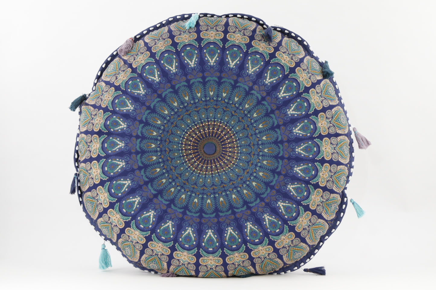 MANDALA BLUE _TEAL MEDITATION PILLOW ROUND FRONT VIEW