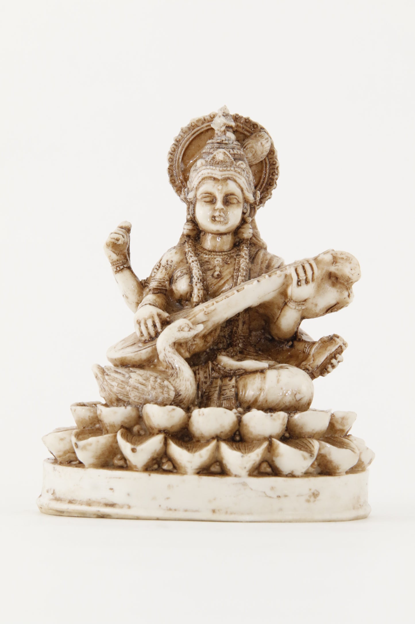GODDESS SARASWATI STATUE OFF-WHITE SMALL SIZE FRONT VIEW