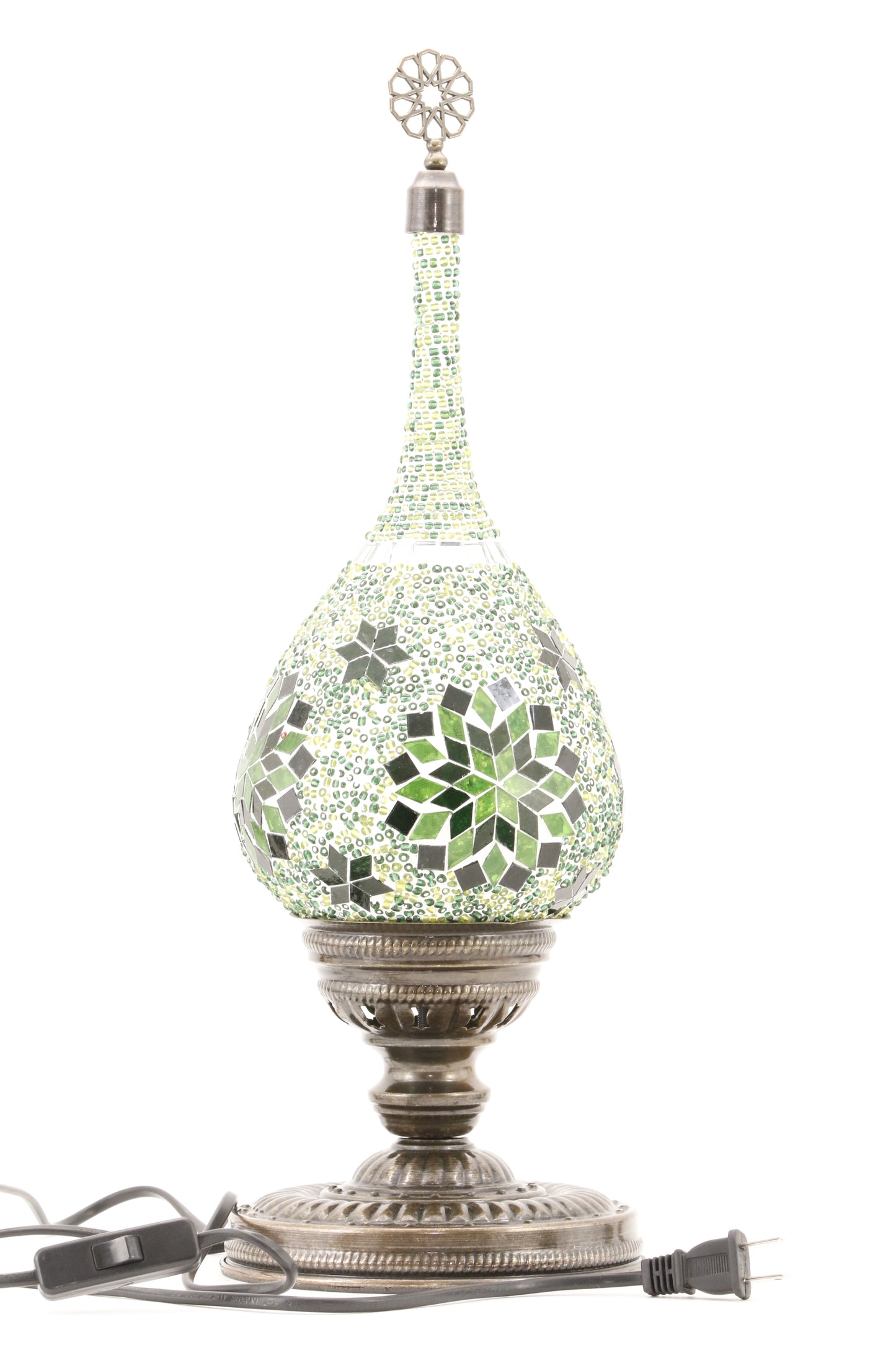 TEAR DROP SHAPED TURKISH MOSAIC TABE LAMP GREEN-TURNED OFF