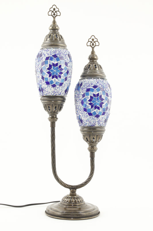 DOUBLE HORSESHOE EGG SHAPED TURKISH MOSAIC TABLE LAMP BLUE -TURNED OFF