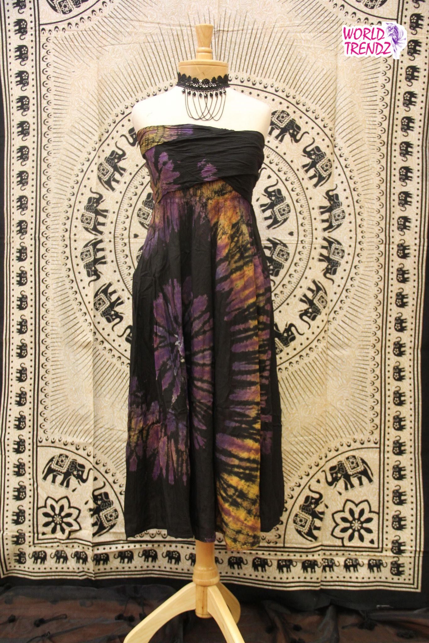 THAILAND STRAPLESS VINTAGE DRESS   BLACK WITH  PURPLE  TIE DYE