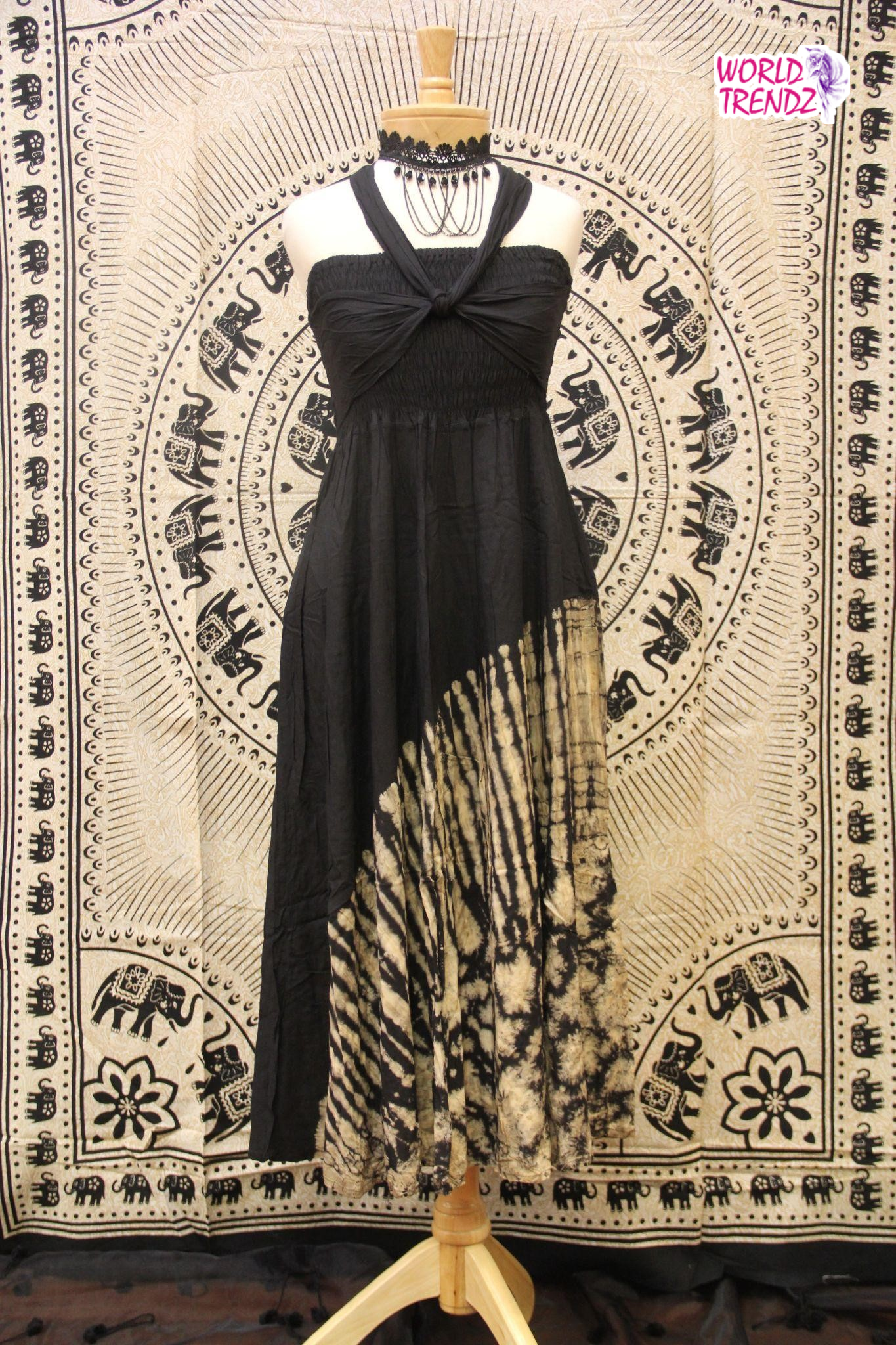 THAILAND STRAPLESS VINTAGE DRESS BLACK WITH BEIGETIE DYE