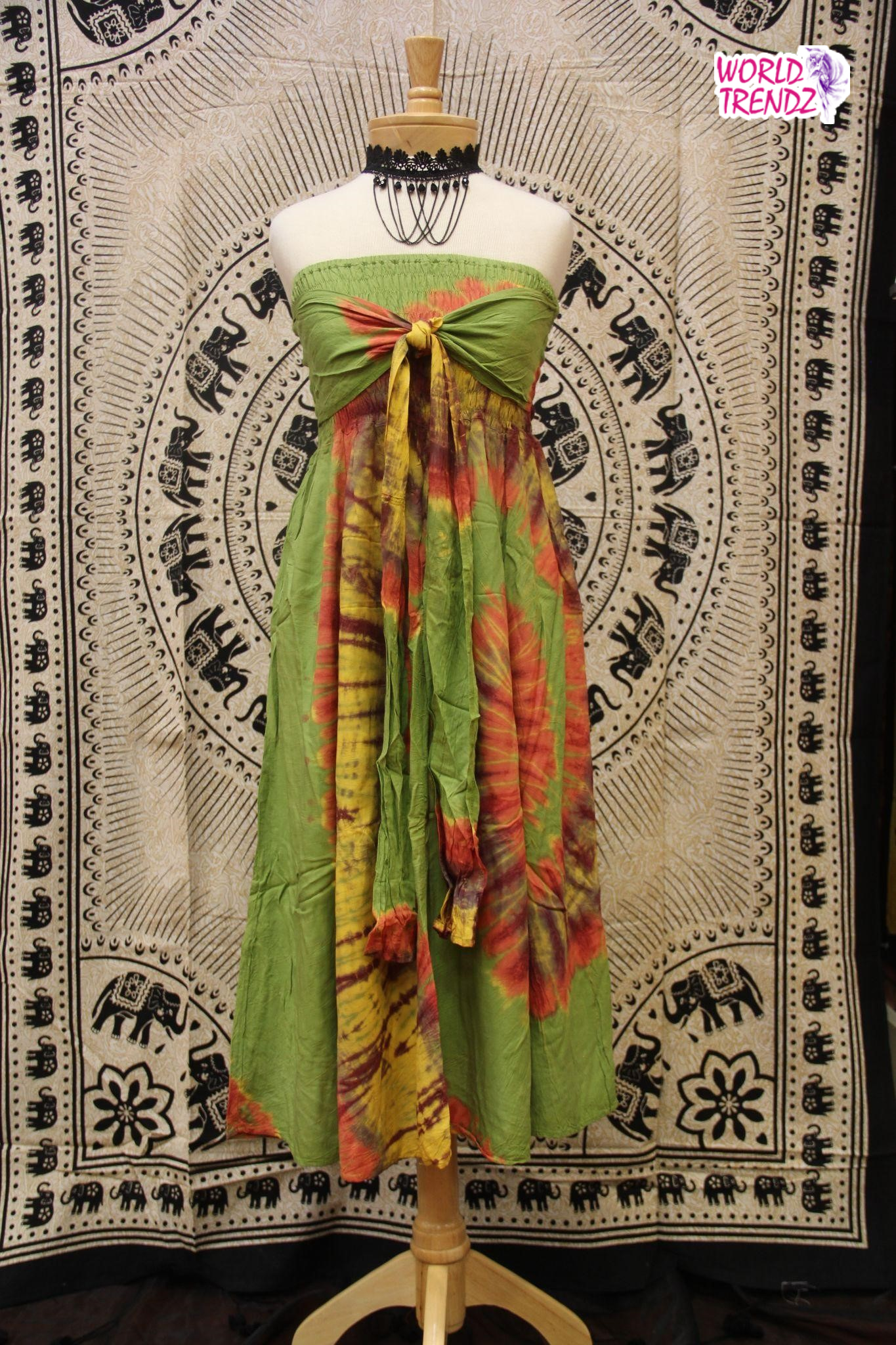 THAILAND STRAPLESS VINTAGE DRESS  LIME GREEN TIE DYE