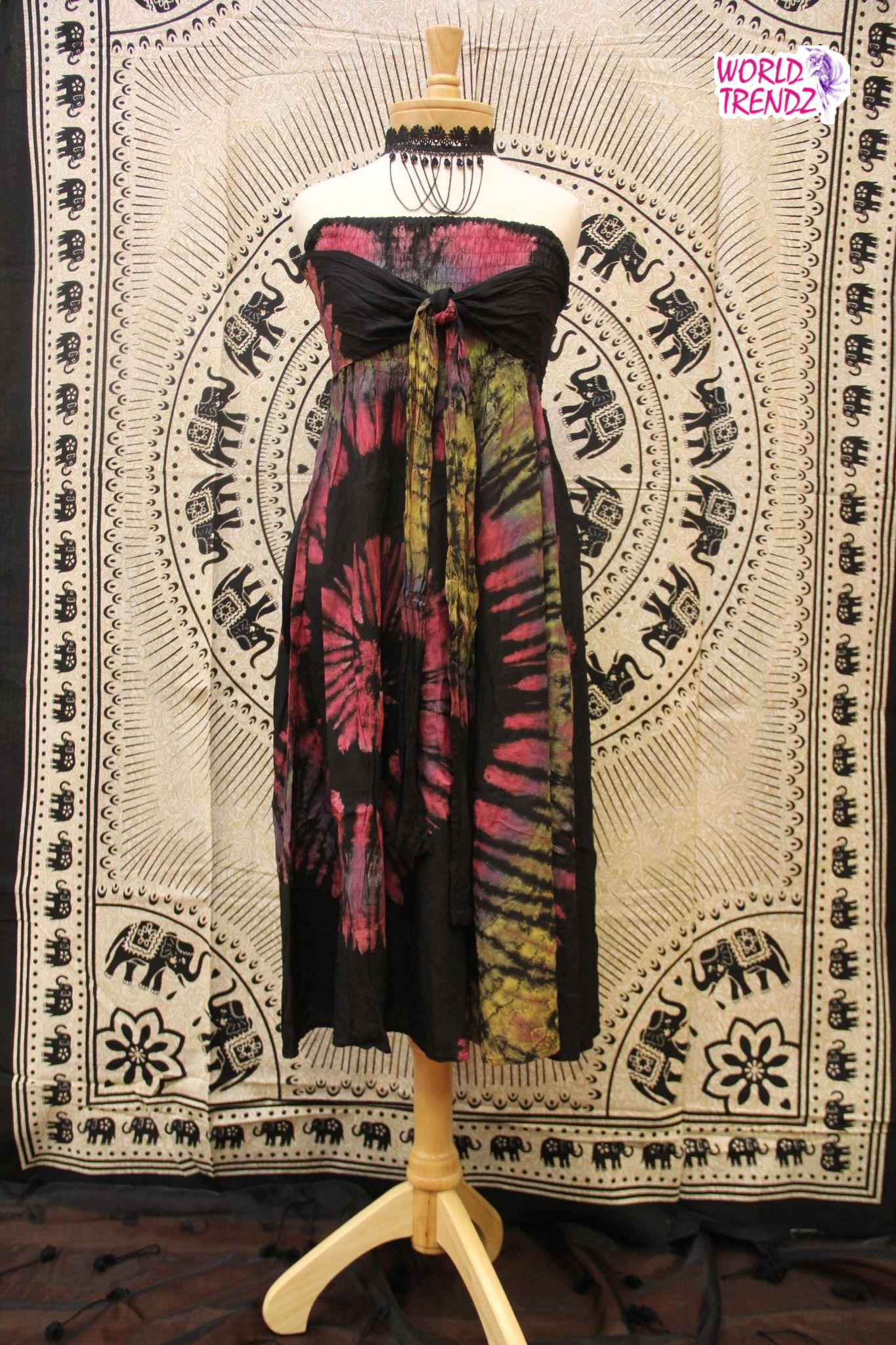 THAILAND STRAPLESS VINTAGE DRESS BLACK WITH PINK SPIRAL TIE DYE