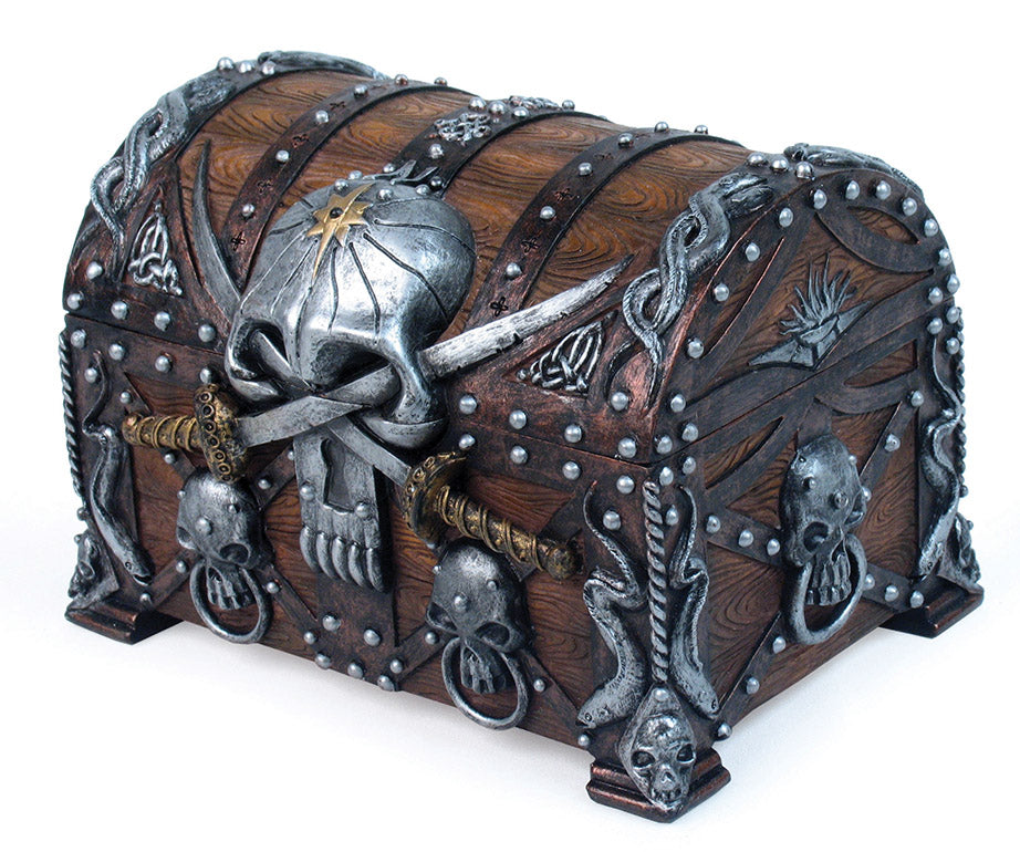 Adventure with the Pirate's Chest: Caribbean Pirate Haunted Skull with Crossed Dagger Blades Small Treasure Chest Box