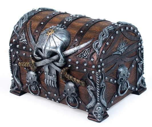 Adventure with the Pirate's Chest: Caribbean Pirate Haunted Skull with Crossed Dagger Blades Small Treasure Chest Box