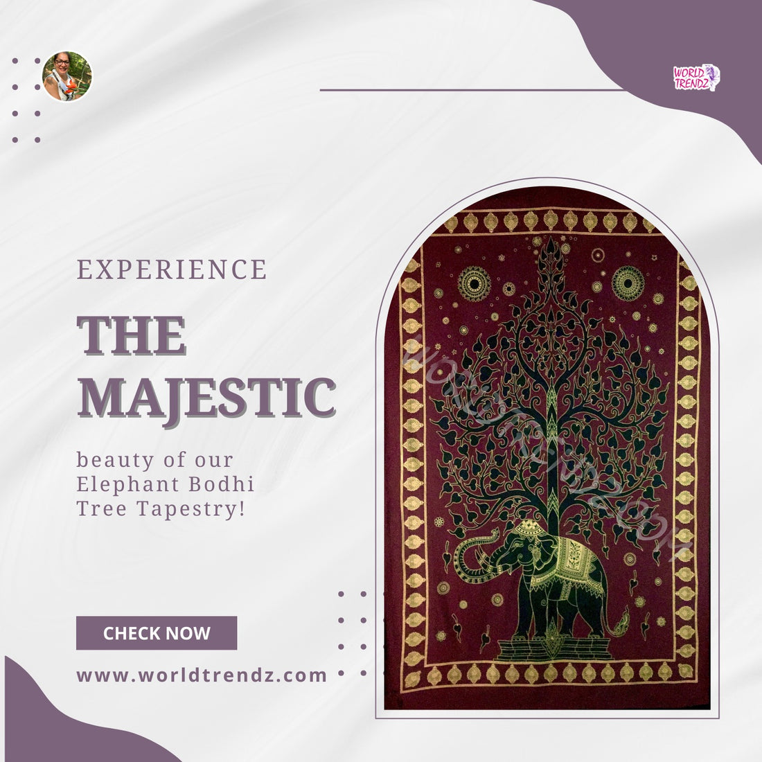 Discover the Allure of the Elephant Bodhi Tree Burgundy-Gold Tapestry by WorldTrendz