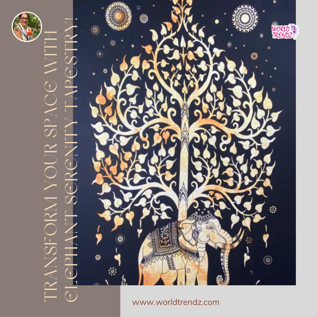 Transform Your Space with the Stunning Elephant Bodhi Tree Tapestry - Poster Size in Orange and Black Background!